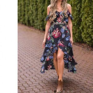 Illa Illa Black Floral Cold Shoulder Faux Wrap Ruffle Maxi Dress Medium New
